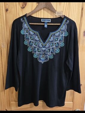 Karen Scott Women's Blouse‎ Size XL Blue Embroidered V Neck 3/4 Sleeve Cotton